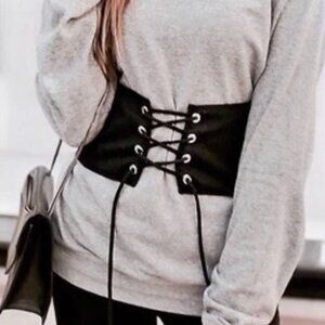 ZARA black cotton corset belt with metallic rings and a lace-up front